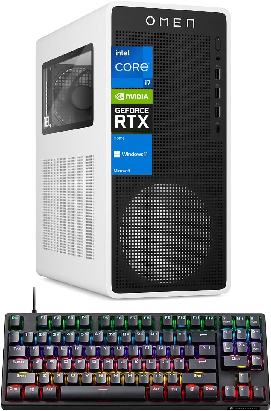 HP OMEN 16L TG03 RTX 5060 Gaming Desktop, Intel Core i7-14700F, NVIDIA RTX 5060, 64GB DDR5 RAM, 2TB SSD, RGB Light Studio & Gaming Hub, W11H,White, Bundle with Thunderobot KG3089R Gaming Keyboard