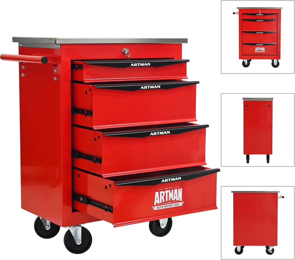 RYH 4/5/6/7 Drawers Rolling Tool Chest -Heavy Duty Mobile Metal Tool Box with Locking Wheels, with Stainless Steel Worktop, Garage Tool Storage Cabinet (Red, 4-Drawers 30.7' H×22.2' W)