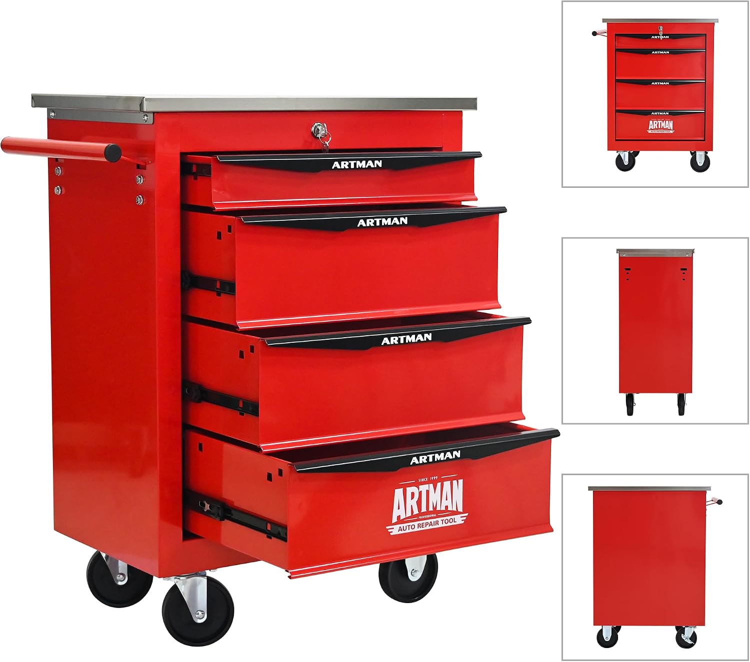 RYH 4/5/6/7 Drawers Rolling Tool Chest -Heavy Duty Mobile Metal Tool Box with Locking Wheels, with Stainless Steel Worktop, Garage Tool Storage Cabinet (Red, 4-Drawers 30.7' H×22.2' W)