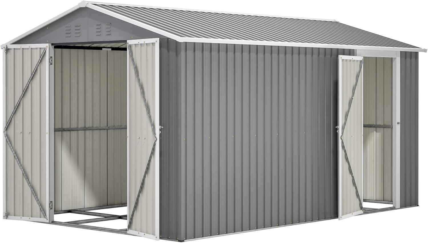 8x12 FT Shed Outdoor Storage Metal Large Garden Tool Sheds with 2 Lockable Doorways Floor Frame Gable Roof Waterproof Steel Utility Equipment Sheds for Backyard Patio Lawn Poolside, Grey