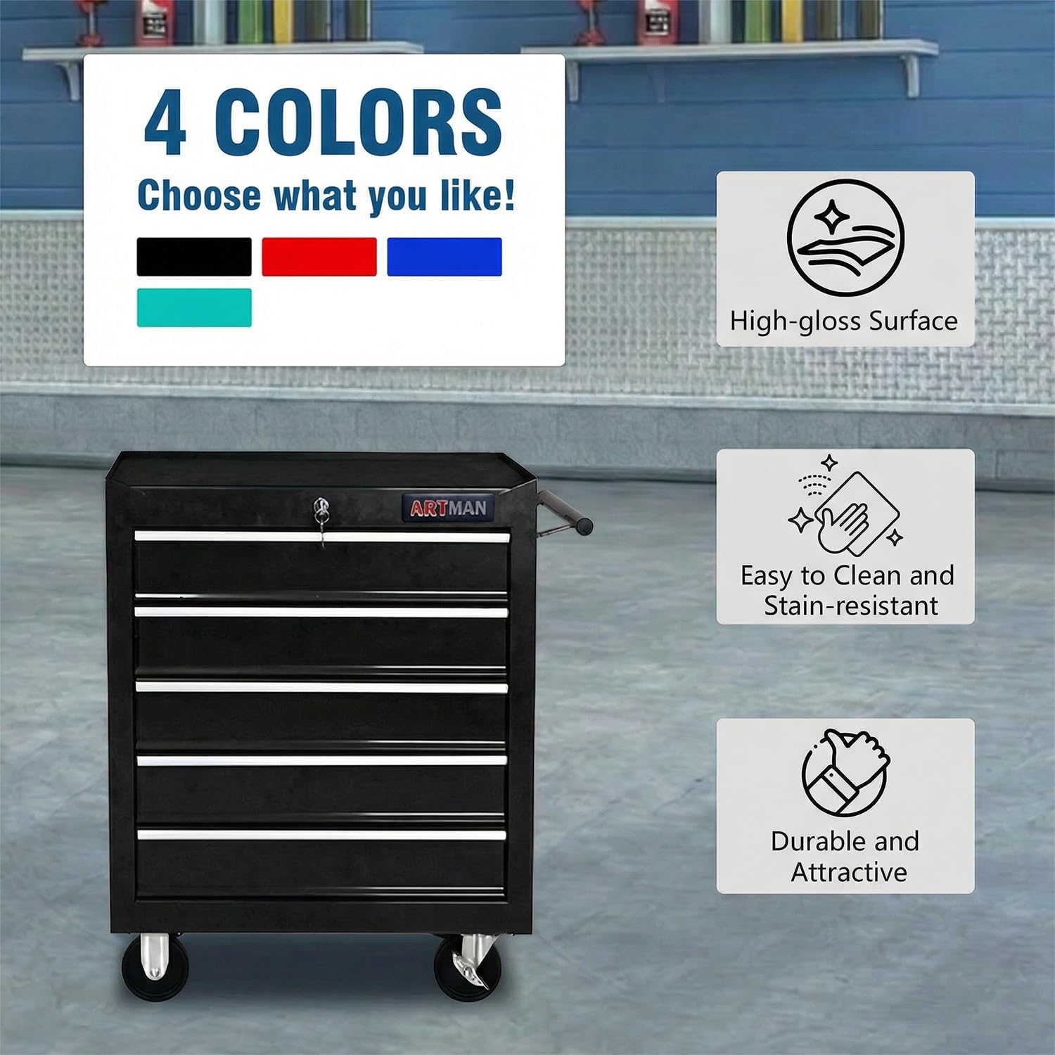 5 Drawers Tool Cart on Wheels, Rolling Tool Chest Tool Storage, Drawers Rolling Tool Trolley Organizer Tool Case for Garage, Warehouse, Workshop, Repair Shop (5 Drawers-Black)