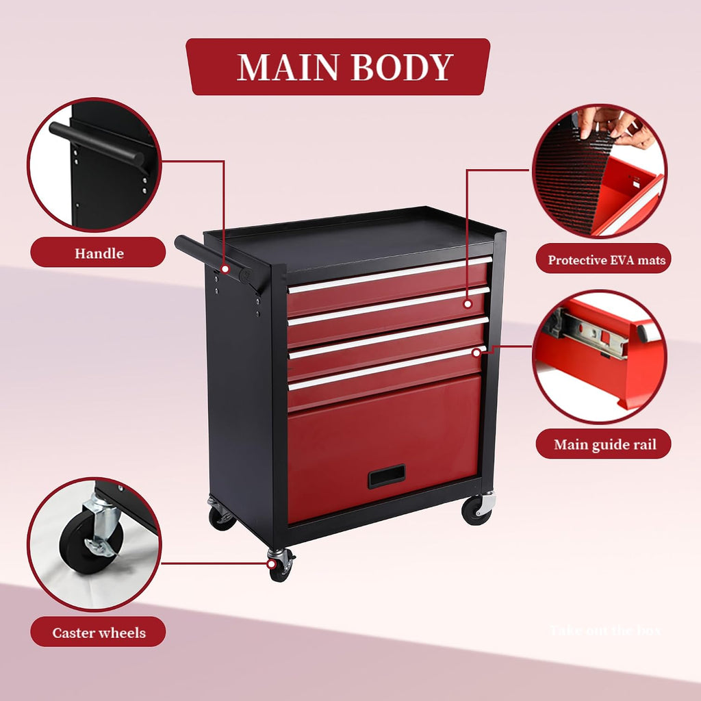 4 Drawers Rolling Tool Chest Cart. Tool Storage Cabinet with 4 Wheels.Tool Cabinet Trolley with Locking System and Drawer Liners.Tool Storage Cart for Garage,Workshop.Toolbox Cart-Red Black Plus