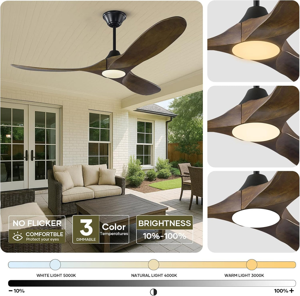 52 Inch Smart Outdoor Patio Ceiling Fan with Light Damp Rated, Rustic Farmhouse 3 Blades Propeller Wood Ceiling Fan with Alexa/Remote/App Control, Large airflow Quiet DC Motor for Indoor Exterior