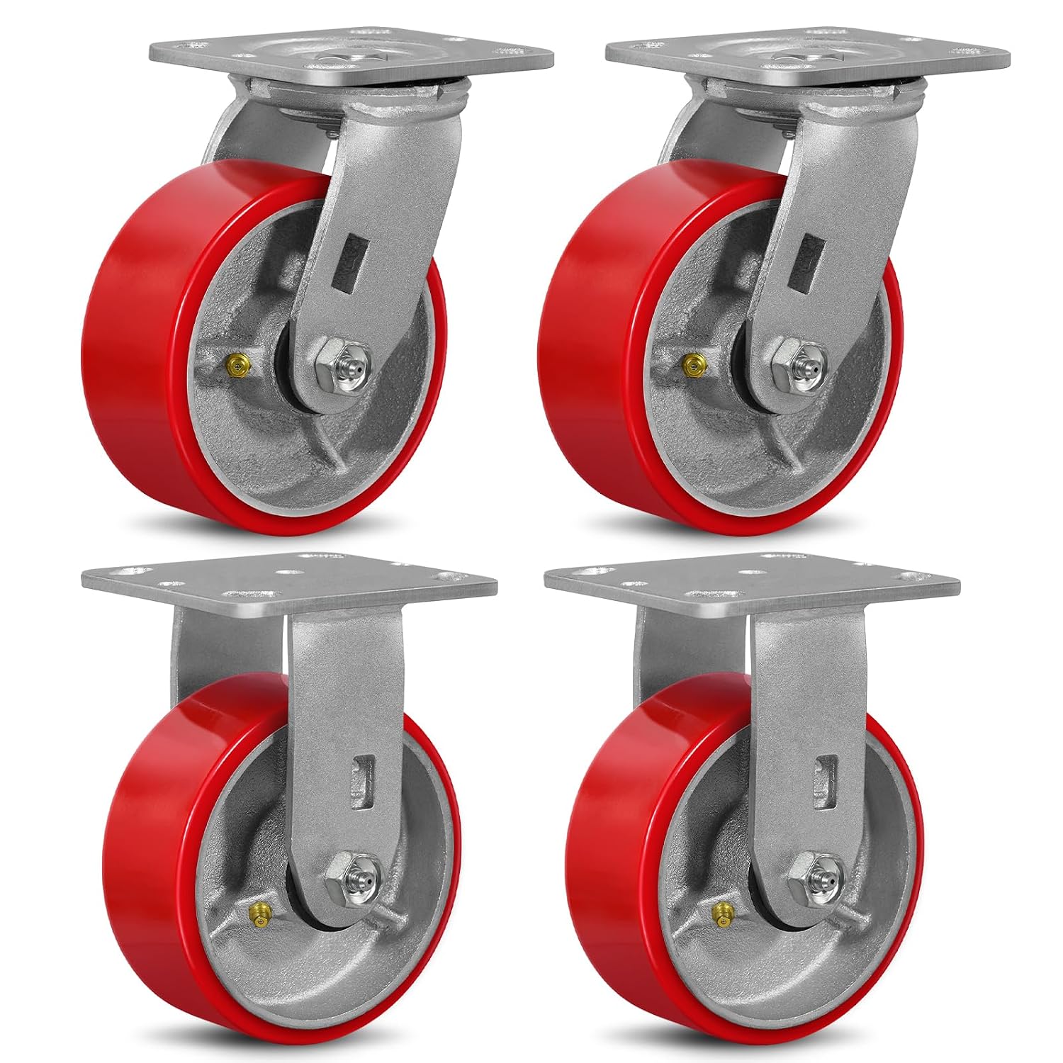 5' X 2' Industrial Plate Rigid & Swivel Caster Wheels Set of 4 Heavy Duty,Load Capacity 3200lbs, No Noise Polyurethane Wheel on Steel Hub for Toolbox Workbench