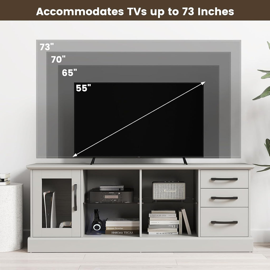 Tangkula Farmhouse TV Stand for 75 Inch TVs, 63' Media Console Table with 3 Drawers, 2 Glass Shelves & Cable Holes, Modern Wooden Entertainment Center for Living Room, Bedroom (Gray)