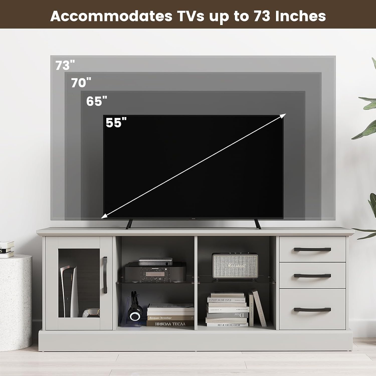 Tangkula Farmhouse TV Stand for 75 Inch TVs, 63' Media Console Table with 3 Drawers, 2 Glass Shelves & Cable Holes, Modern Wooden Entertainment Center for Living Room, Bedroom (Gray)