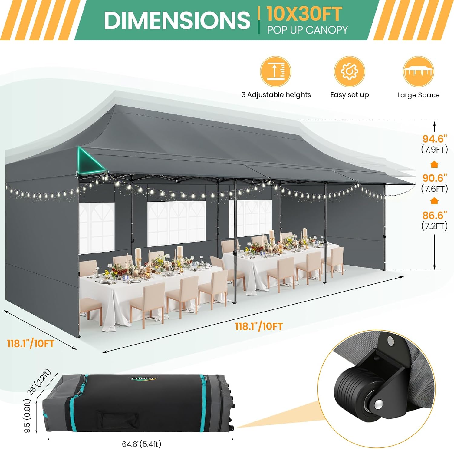 COBIZI 10x30 Pop Up Canopy Tent with Awning & Sidewalls, Heavy Duty Commercial 10X30 Canopy Tents Instant Waterproof, UPF 50+ Sun Shade for Outdoor, Parties, Markets (Gray)