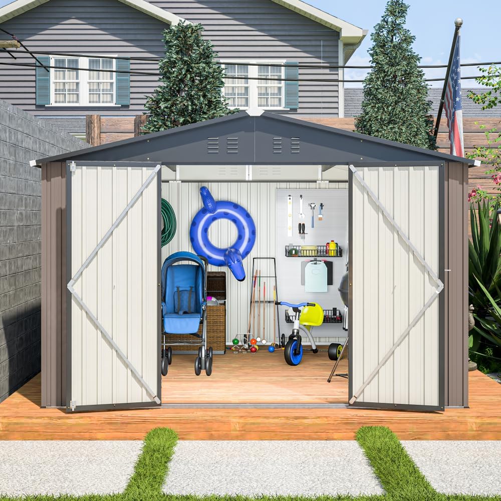 Large Outdoor Storage Shed 10x12 FT, Heavy-Duty Metal Garden Tool Organizer with Lockable Doors and Weather-Resistant Roof for Backyard (10x10 ft Brown)