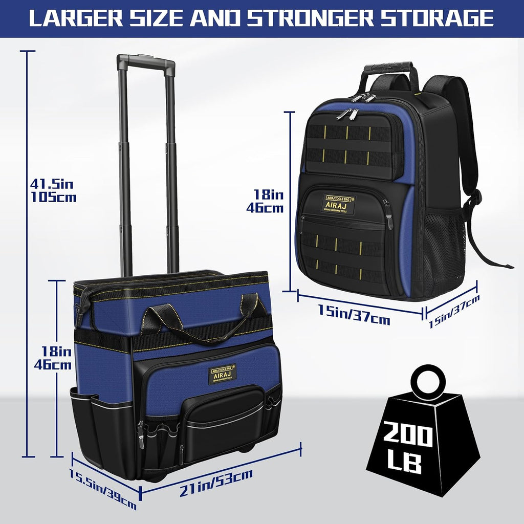 AIRAJ 21' Rolling Tool Bag with Wheels & 18' Tool Backpack Set | Adjustable Telescoping Handle | Waterproof Tool Bag | Tool Backpack Heavy Duty | 1680D Oxford Cloth | USB Charging Port | 55 Pockets