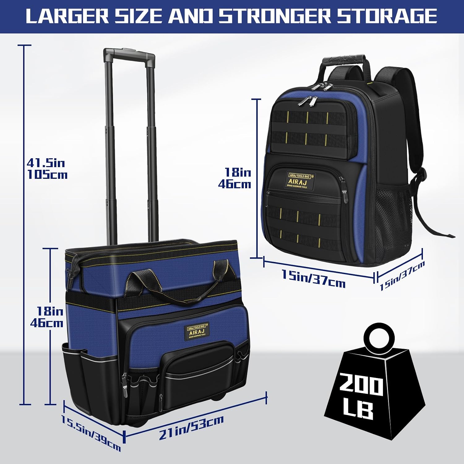 AIRAJ 21' Rolling Tool Bag with Wheels & 18' Tool Backpack Set | Adjustable Telescoping Handle | Waterproof Tool Bag | Tool Backpack Heavy Duty | 1680D Oxford Cloth | USB Charging Port | 55 Pockets