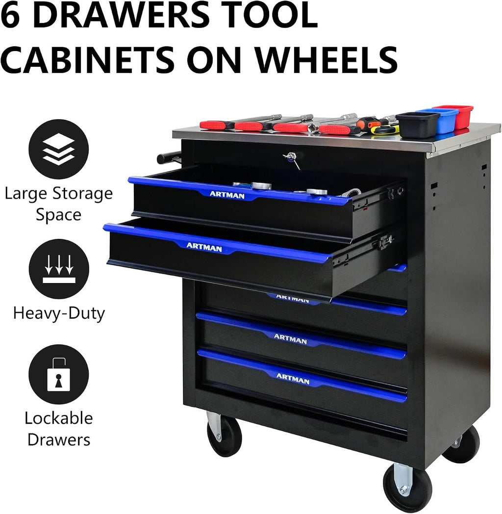6-Drawer Heavy-Duty Rolling Steel Tool Cart with Handle&Wheels, Metal Storage Organizer Cabinet, Tool Chest for Efficient Tool Storage in Garage, Warehouse, Workshop, Repair Shop, Blue