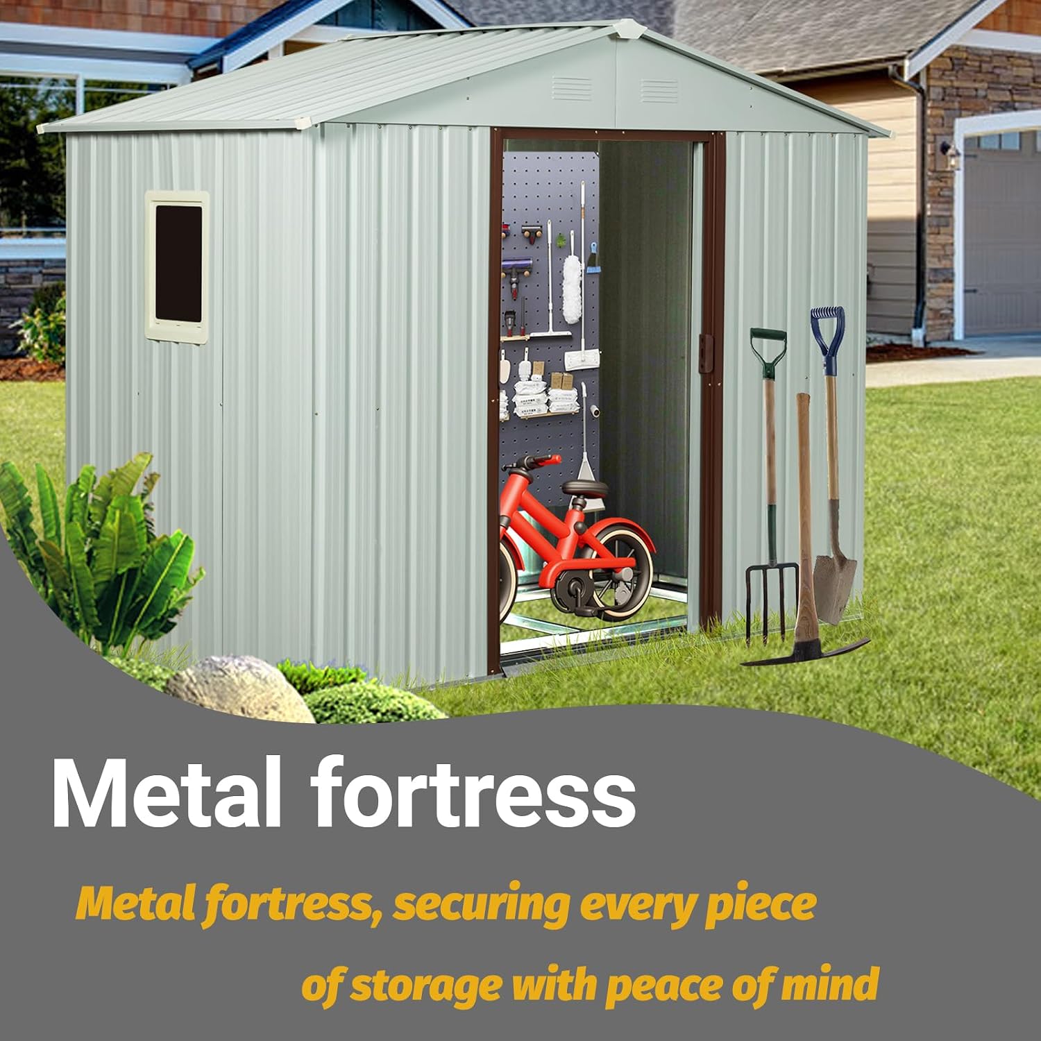 Shed with Windows,Large Metal Outdoor Storage Shed, Lockable Tool Storage shed, Steel Garden shed, Suitable for Backyard, Terrace, and Poolside (White, 8FTx4FT)
