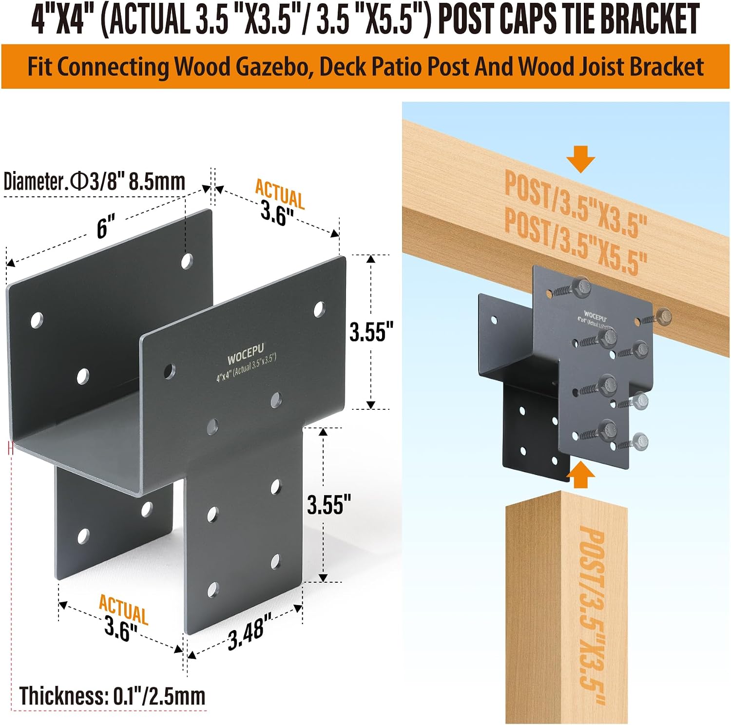4 Pack Heavy Duty 4x4 (Actual 3.5'x3.5') Stainless Steel Post Caps Tie Bracket, Fit Connecting Wood Gazebo, Deck Patio Post and Wood Beams Bracket (Dark Ggray)