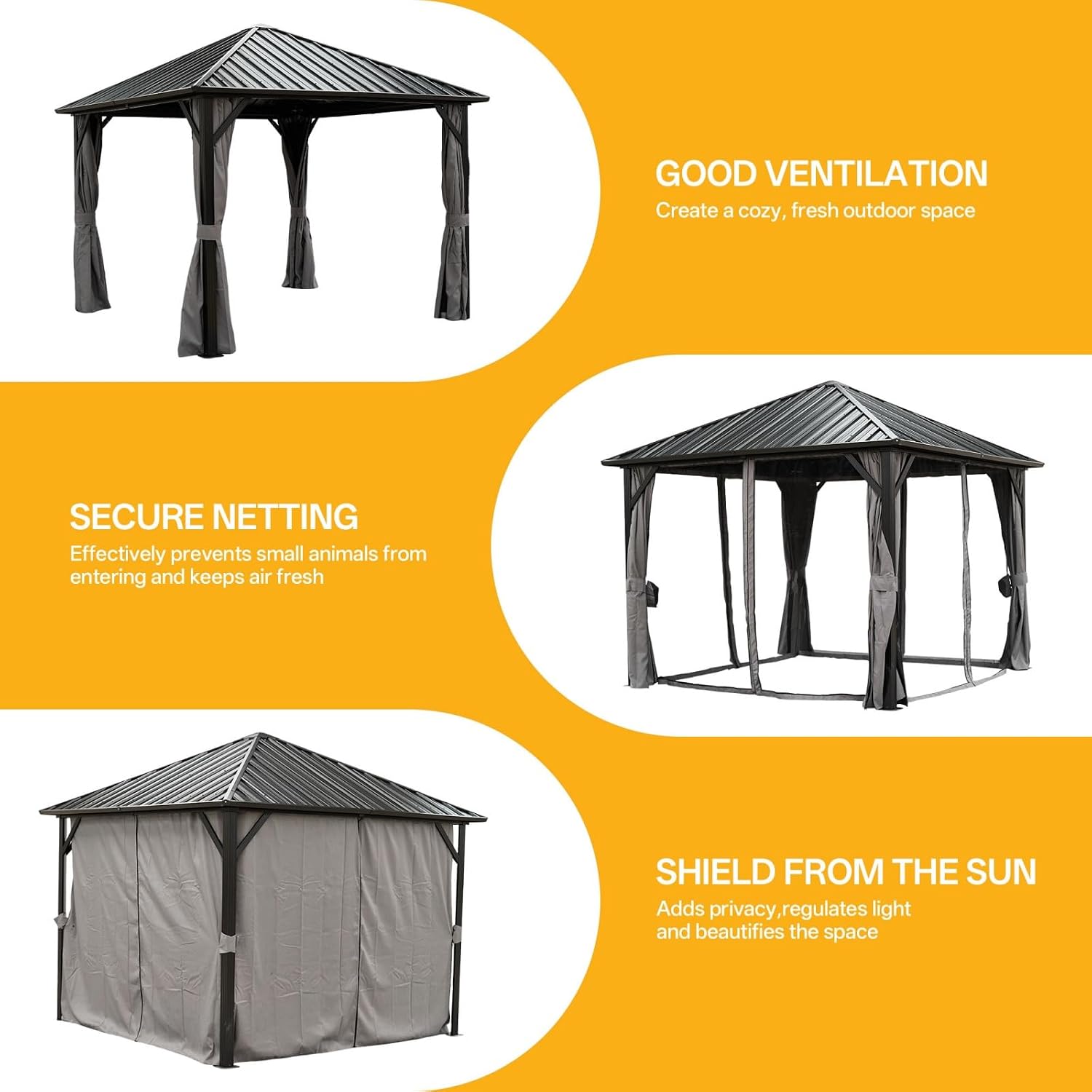 10x10 Hardtop Aluminum Gazebo, Outdoor Metal Gazebo with Netting & Curtains - Heavy Duty Iron Roof for Patios, Waterproof & Snow Load Resistant (Single Hardtop Gazebo)