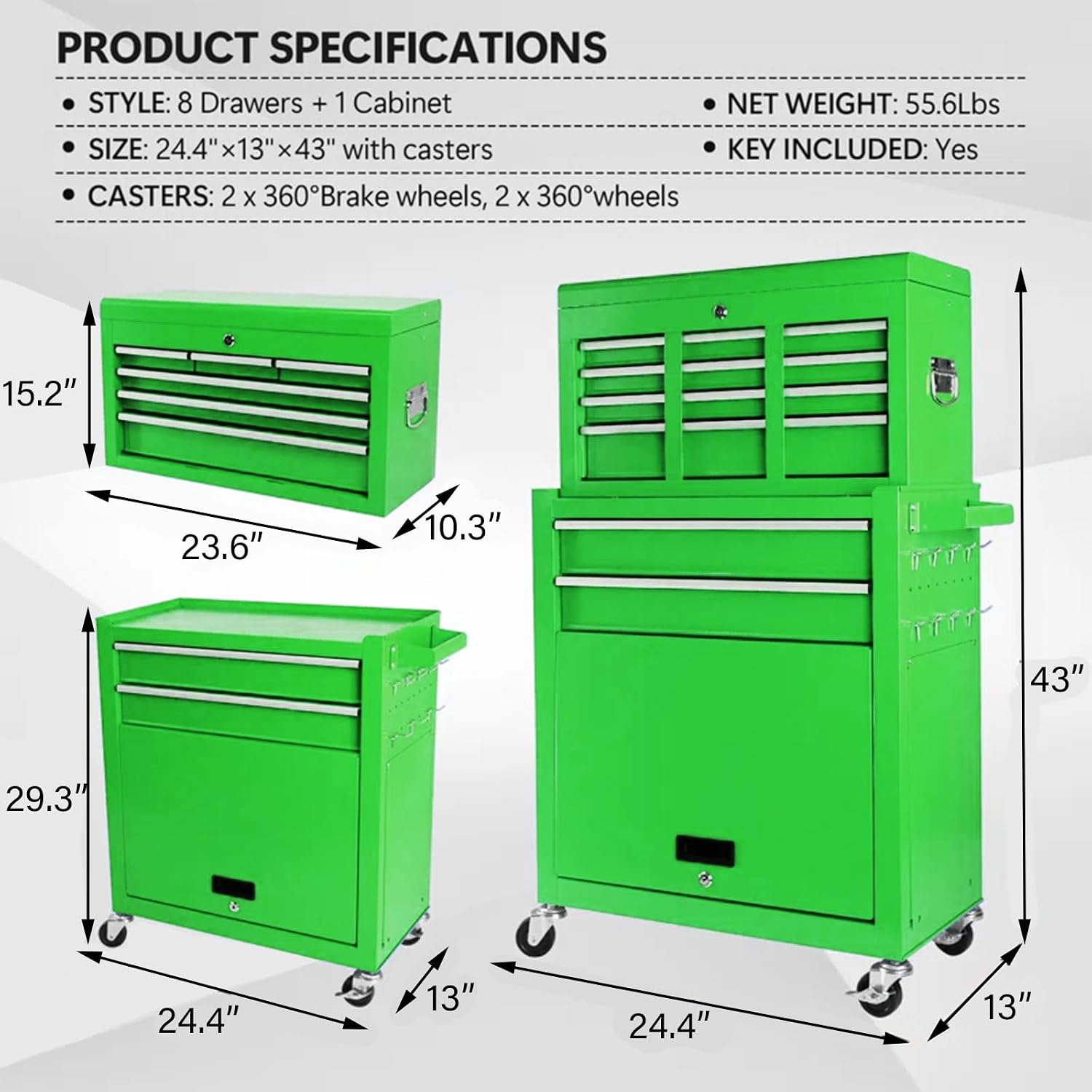 8-Drawer Rolling Tool Chest – 2-in-1 Lockable Tool Box with Wheels, Sliding Drawers & Detachable Top – Garage & Workshop Storage Cabinet, Green
