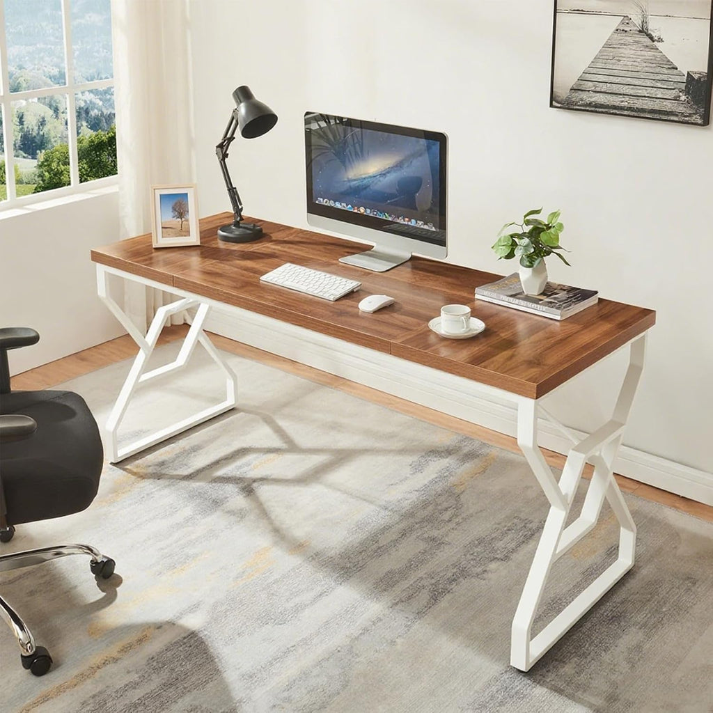 HOMISSUE 63-inch Executive Desk, Large Writing Desk with Engineered Wood Tabletop and Metal Frame, Rustic Home Office Desks with Sturdy Structure, Long Computer Desks for Home Office, Study Room,White