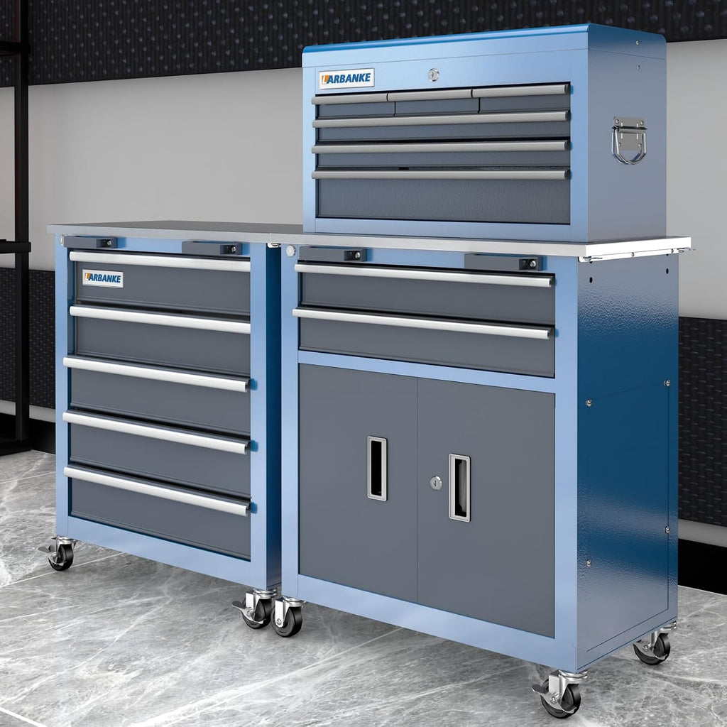 LARBANKE 5-Drawer&8-Drawer Tool Chest combination,with Universal Brake Wheels and Padded Feet,Tool Cabinet with Stainless Tabletop,Rolling Tool Chest Can be Connected Together with Connectiong Buckle