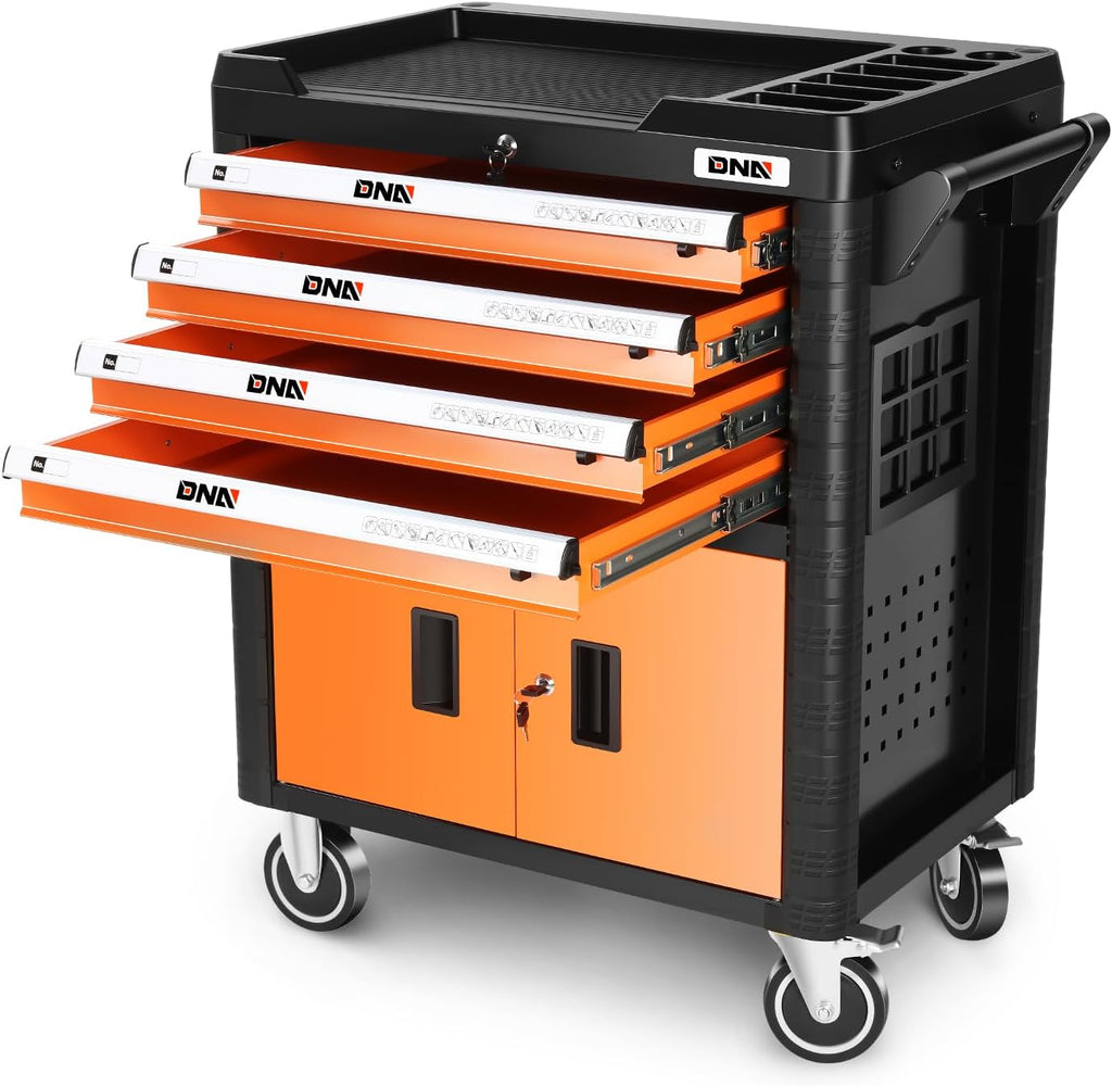 DNA Motoring 4-Drawer Rolling Tools Chest, Rolling Tool Storage Cabinet, Heavy Duty Mechanic Tool Cart, Trolley Organizer for Garage, Warehouse, Workshop, Orange, TOOLS-00402