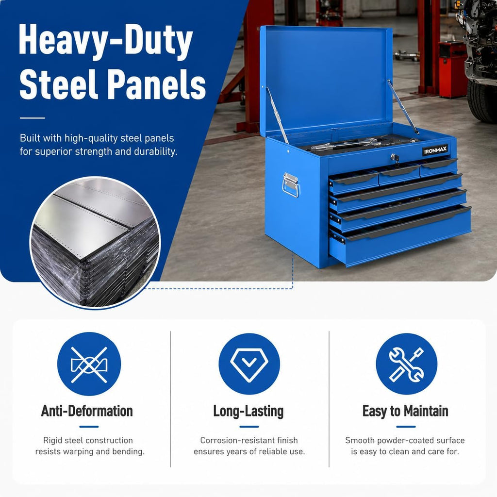 ARNOT Large Metal Tool Box, Tool Box with 6 Drawers & Top Tray, Heavy-Duty Steel Tool Chest with Auto-Locking Drawers and Side Handles for Garage & Workbench (Blue)