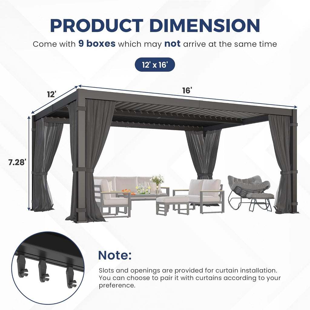 12' x 16' Louvered Pergola, Outdoor Pergola with Metal Adjustable Louvered Roof & Gutter System, Hardtop Patio Gazebo for Backyard, Patio, Garden, Dark Gray