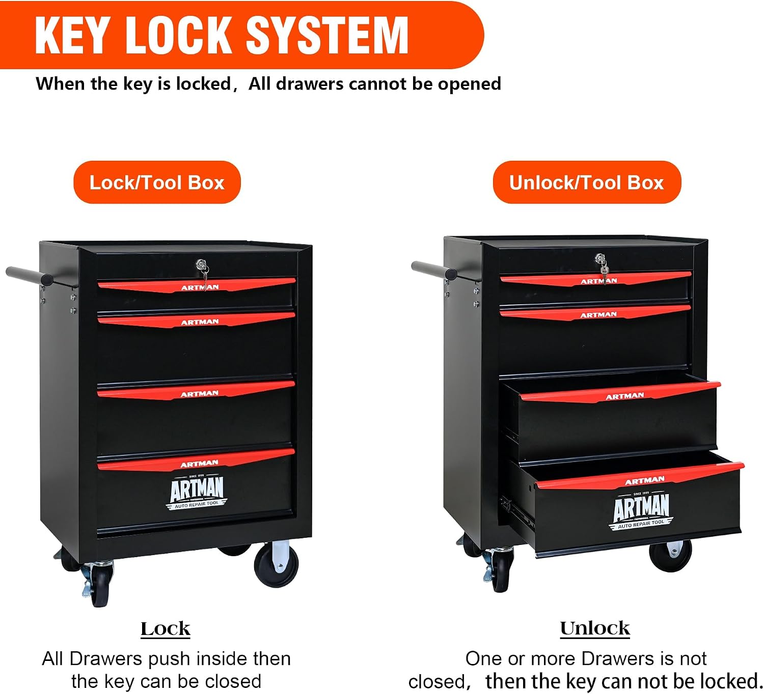 4 Drawers Tool Cart on Wheels, Multifunctional Rolling Tool Chest, Drawers Mobile Trolley Organizer Heavy Duty Tools Box with Locking Wheels & Ball Bearing Drawers (Black, 4 Drawers)
