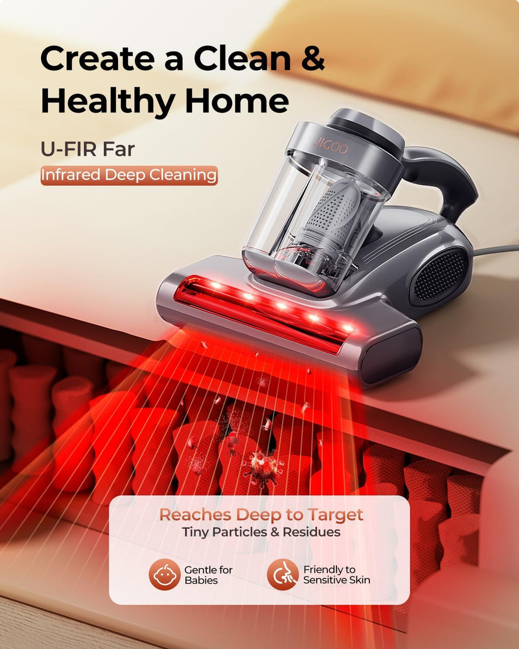 JIGOO J300 Pro Matture Vacuum Cleaner with 14Kpa 550W Powerful Suction, Infrared, UV & Heating Tech for Deep Cleaning, Anti-Allergen Bed Vacuum with Dust Sensor & Plant Fragrance for Bed, Sofa, Crib