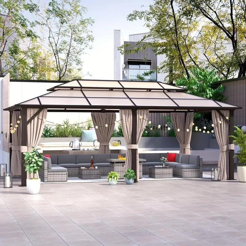 TFORESTER Hardtop Gazebo 12x20FT Hardtop Gazebo, Aluminum Frame Permanent Pavilion with Curtains and Netting, Outdoor Polycarbonate Gazebo, Double Roof Canopy, for Gardens, Patios, Lawns