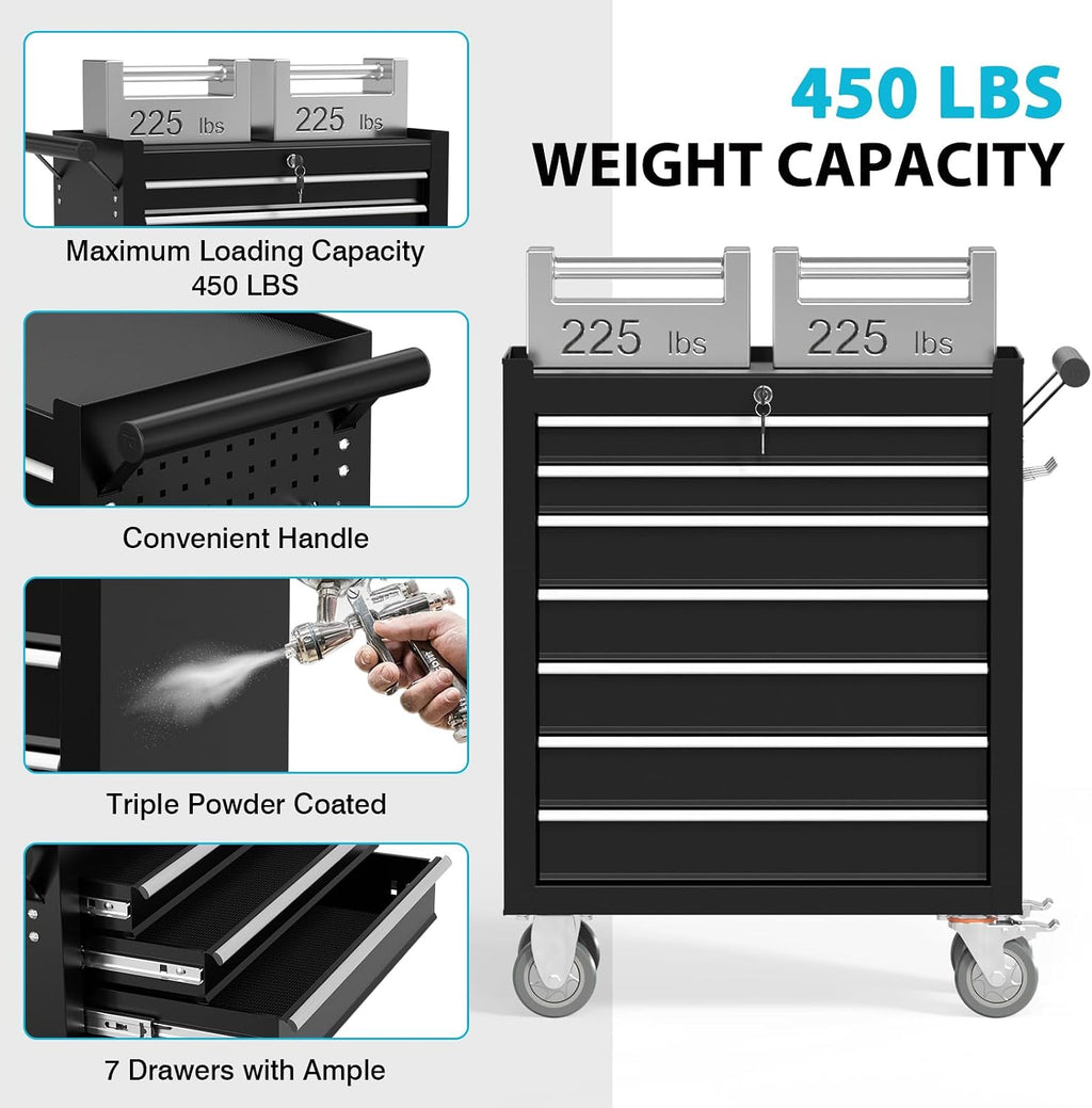 7 Drawers Metal Rolling Tool Chest, Portable Storage Tool Box with Wheels, Toolbox on Wheels for Warehouse, Garage, Repair Shop and Tool Room