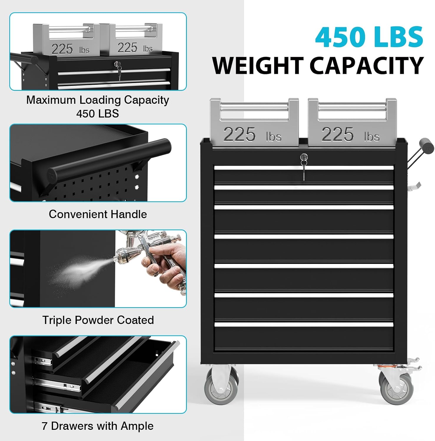 7 Drawers Metal Rolling Tool Chest, Portable Storage Tool Box with Wheels, Toolbox on Wheels for Warehouse, Garage, Repair Shop and Tool Room
