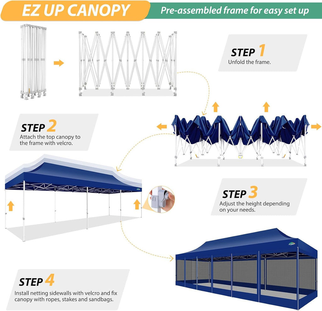 COBIZI 10x30 Pop Up Canopy with Sidewalls, Heavy Duty Canopy with Mosquito Netting, Easy up Screen Party Tents for Parties Backyard Outdoor Commercial Event Gazebo with Roller Bag, Sandbags, Deep Blue
