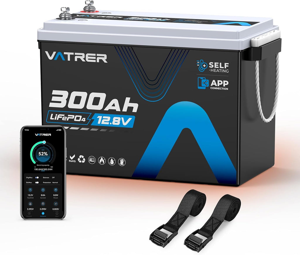 12.8V 300Ah Self-Heating LiFePO4 Lithium Battery with APP Monitoring, Built-in 200A BMS, Rechargeable 3840Wh Energy Battery for Trolling Motor, RV, Marine, Solar, Camping, Backup Power, Off-Grid, etc.