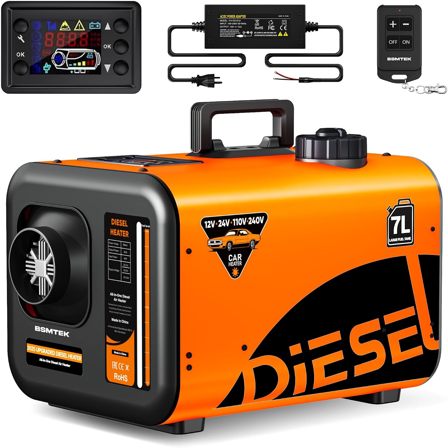 7L Large Diesel Heater, 8KW 240V/110V/12V/24V All in One Diesel Air Heater with LCD Switch, Remote Control, Suitable for Truck, RV, Home, Car, Campers, Boat, Orange