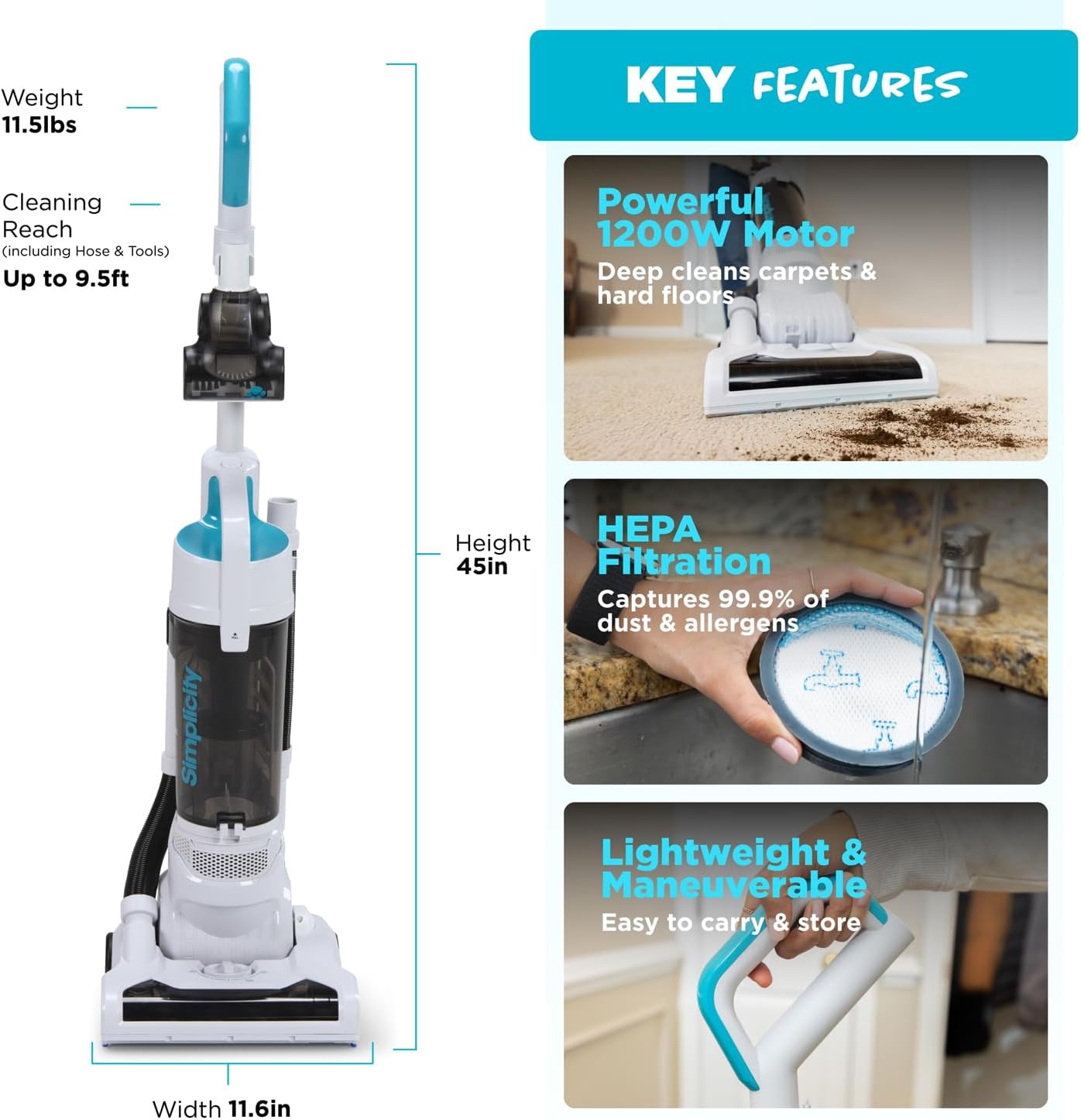 Pets Pro, Hard Floor and Carpet Vacuum Cleaners for Home Pet Hair, Upright, Bagless Lightweight, Powerful Suction in Homes with Dogs Plus Upholstery, Dust and Crevice Tools, SVPET