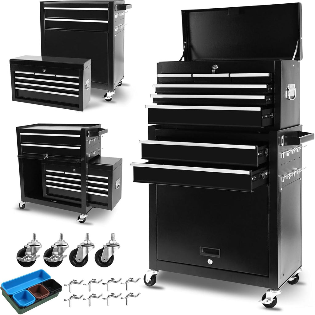 HRVEOCEI Rolling Tool Chest with Drawers, Metal Tool Cabinet on Wheels with Detachable Top Tool Box, 8-Drawer Tool Cart with Adjustable Shelf and Locking Mechanism (8-Drawer Black)