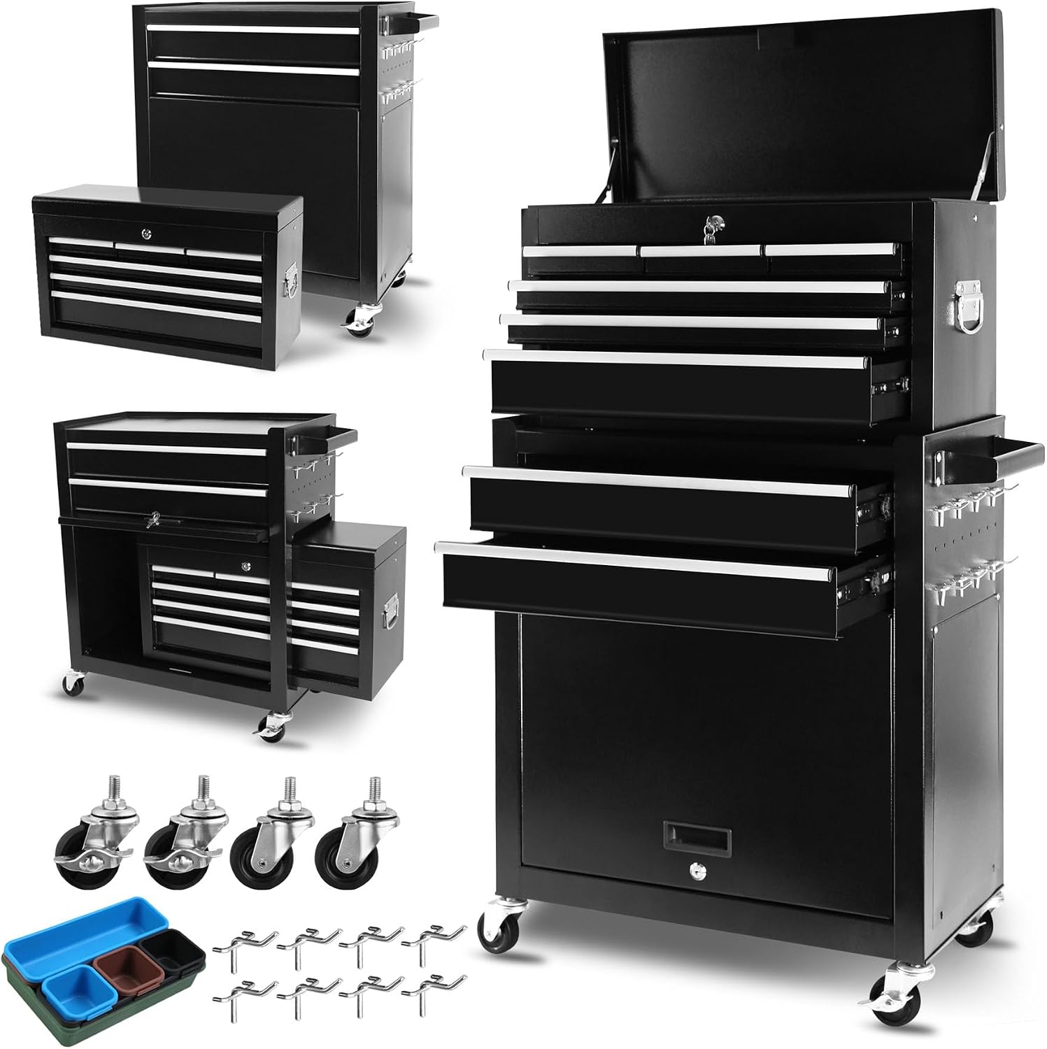 HRVEOCEI Rolling Tool Chest with Drawers, Metal Tool Cabinet on Wheels with Detachable Top Tool Box, 8-Drawer Tool Cart with Adjustable Shelf and Locking Mechanism (8-Drawer Black)