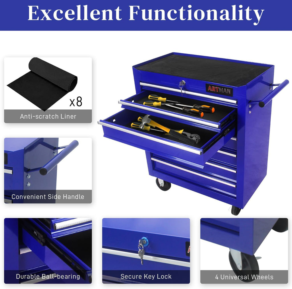 Rolling Tool Chest with 7-Drawer Tool Box with Wheels Multifunctional Tool Cart Mechanic Tool Storage Cabinet for Garage, Warehouse, Workshop, Repair Shop (Blue)