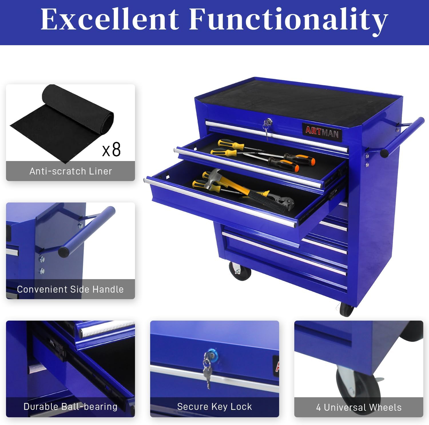 Rolling Tool Chest with 7-Drawer Tool Box with Wheels Multifunctional Tool Cart Mechanic Tool Storage Cabinet for Garage, Warehouse, Workshop, Repair Shop (Blue)