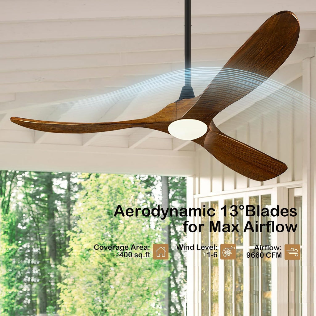 70 Inch Outdoor Ceiling Fan with Lights and Remote, 3 Solid Wood Blades, High CFM Quiet Reversible DC Motor, Rustic Farmhouse Style, for Large Living Room, Patio, Porch & Commercial Spaces