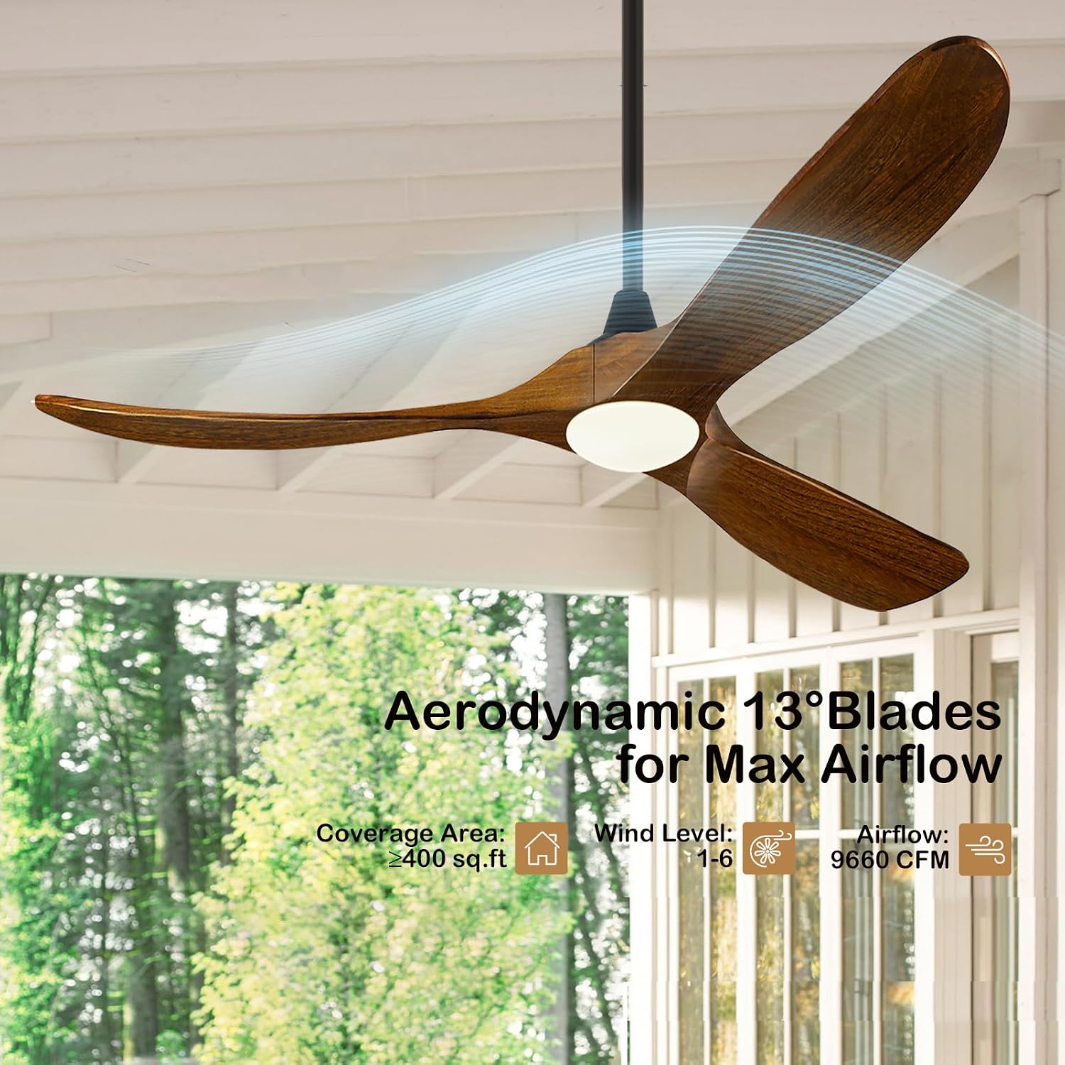 70 Inch Outdoor Ceiling Fan with Lights and Remote, 3 Solid Wood Blades, High CFM Quiet Reversible DC Motor, Rustic Farmhouse Style, for Large Living Room, Patio, Porch & Commercial Spaces