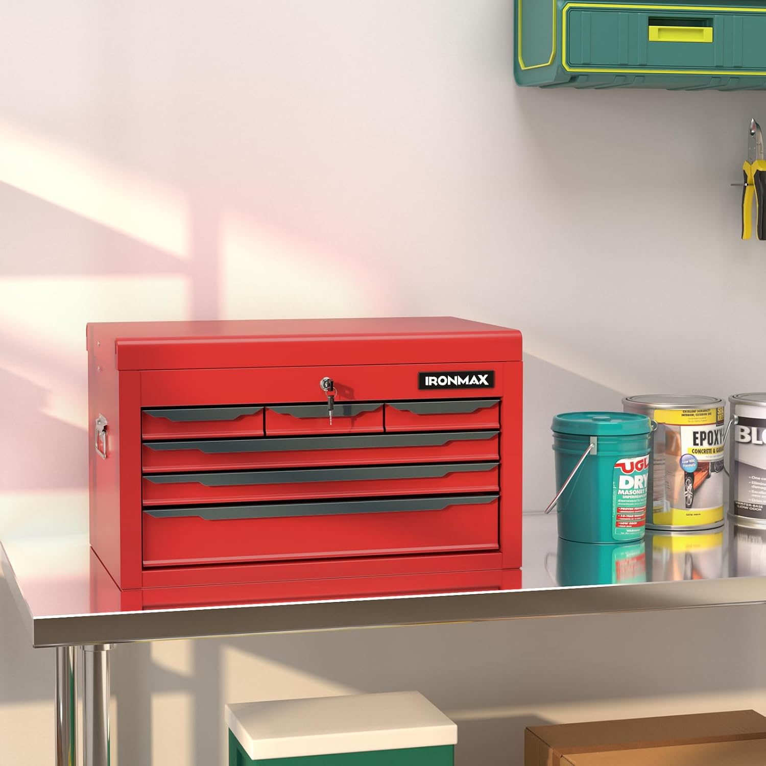 IRONMAX Small Tool Box, 24' Lockable Steel Toolbox with 6 Drawers & Top Tray, Heavy Duty Tool Chest Cabinet Storage Organizer for Garage, Workshop, Repair Shop, Warehouse (Red)