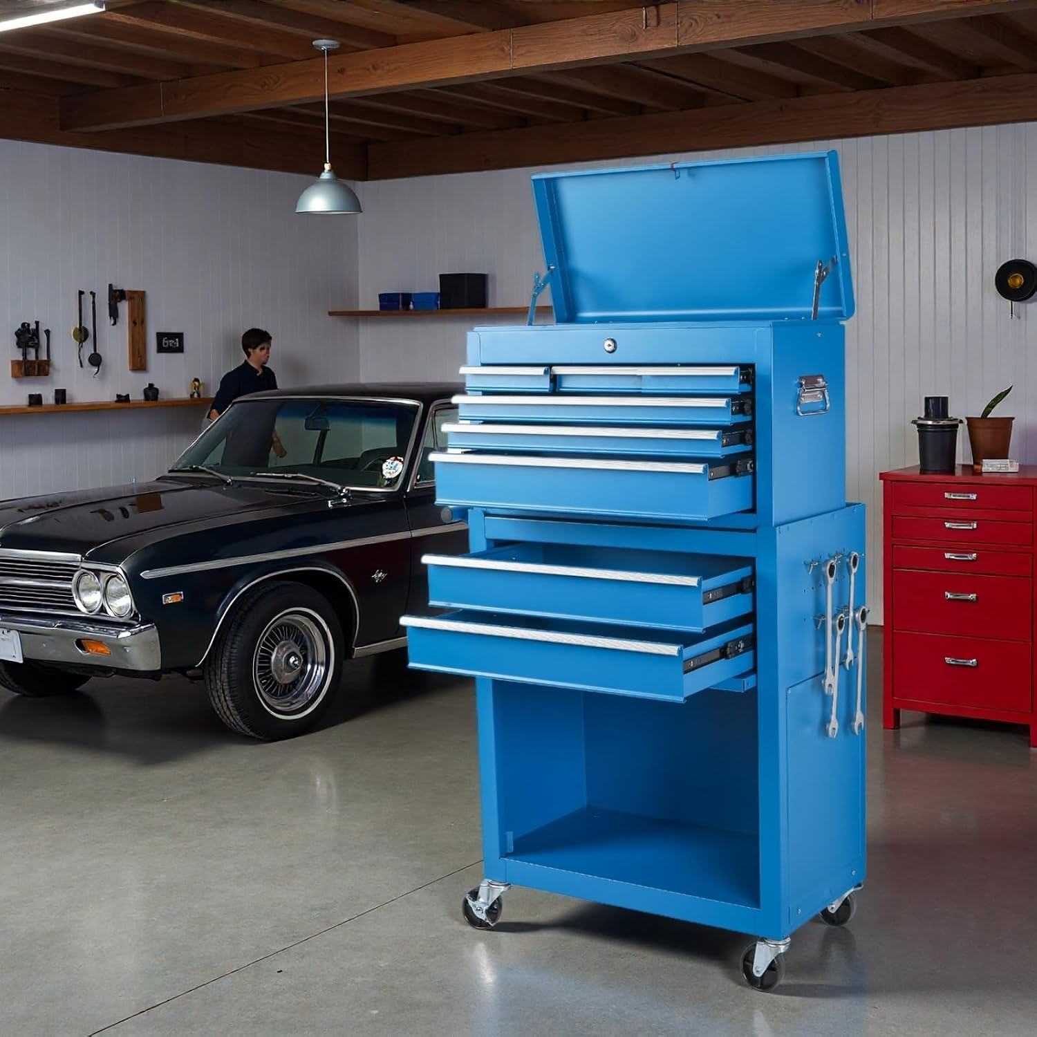 Tool Chest, 8-Drawers Rolling Tool Storage Cabinet with 2-in-1 Detachable Tool Box, Liner, Lockable Wheels, Side Hooks, Multifunctional Metal Tool Cart for Garage Workshop, Blue