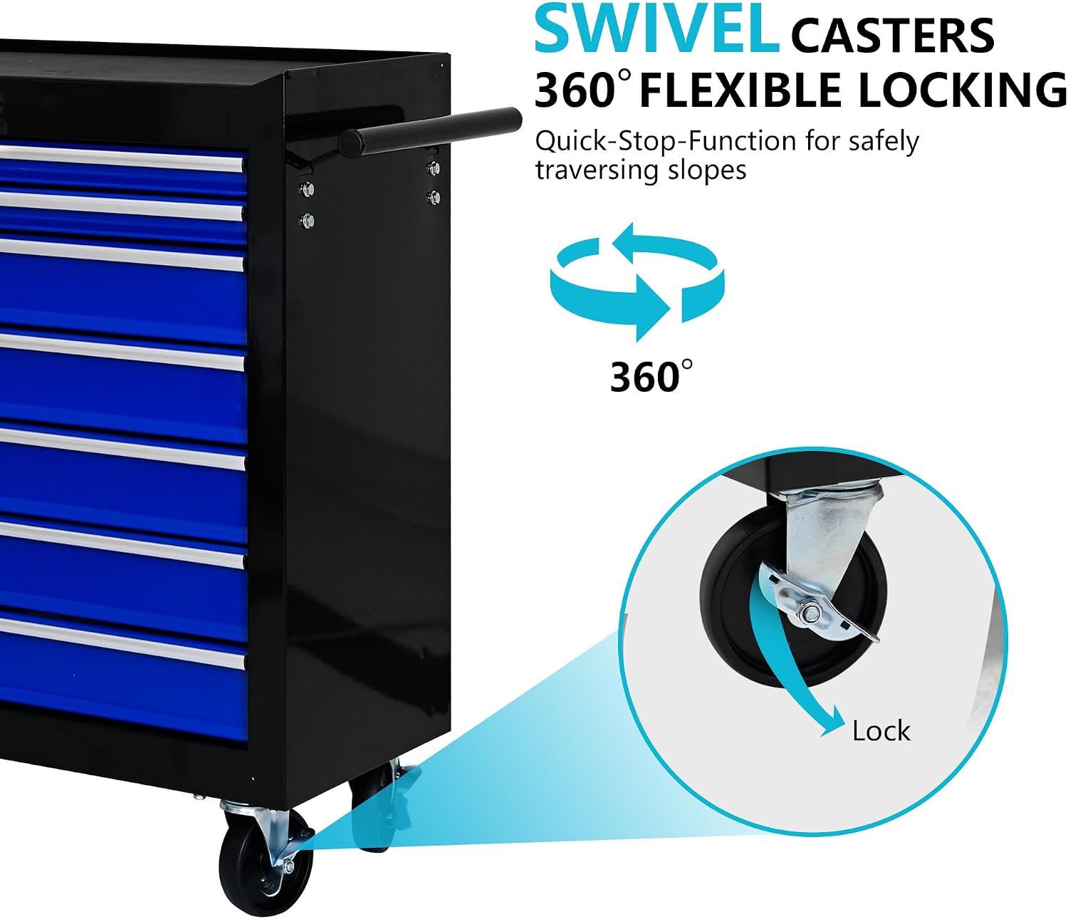 7 Drawers Tool Cart on Wheels, 7 Drawer Rolling Tool Chest with Key Lock, Trolley Organizer Tool Case, Multifunctional Rolling Tool Box for Garage,Warehouse,Workshop,Repair Shop (Black+Blue)