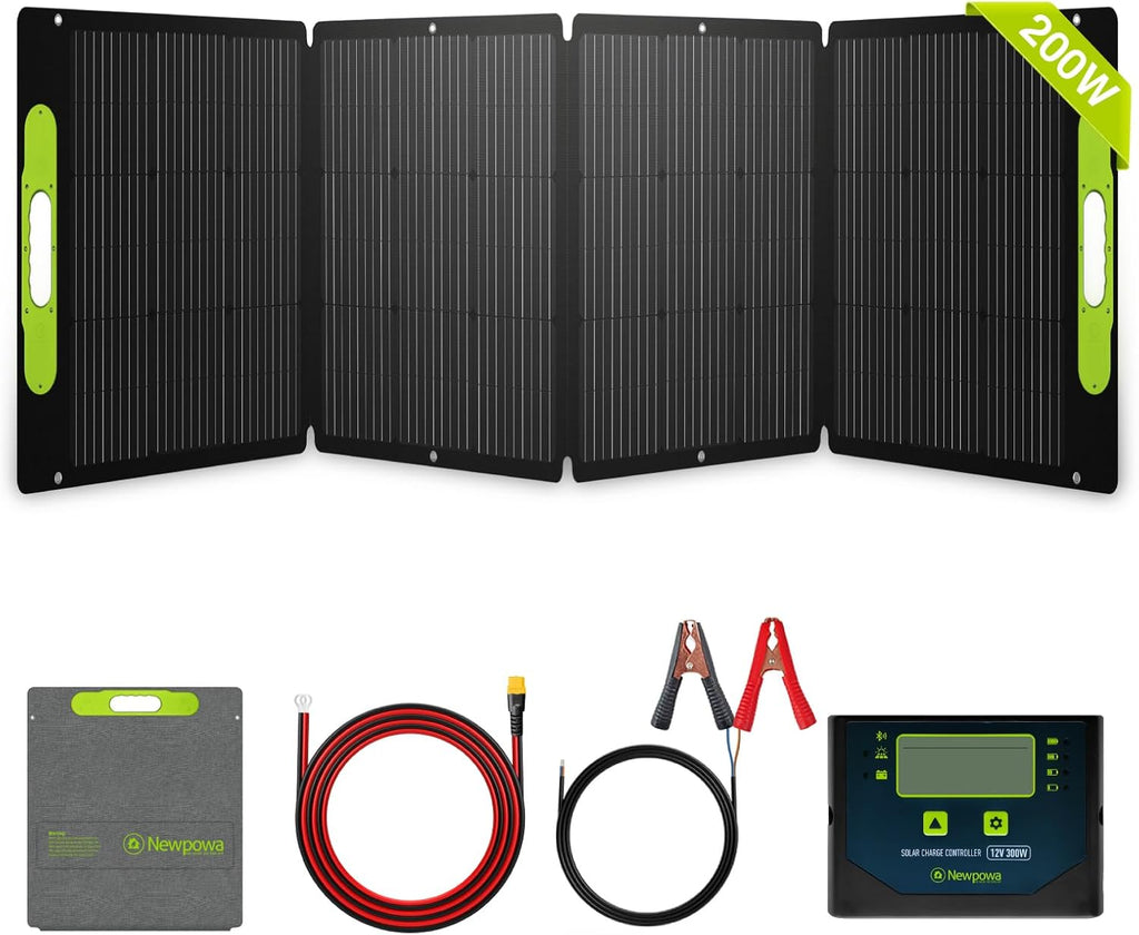 Newpowa 200W Portable Solar Panel Kit with Adjustable Kickstand Case 200 Watt 12V Foldable Solar Panel+20FT Extension Cable+15A PWM Solar Charge Controller+Battery Clamp Set with 3ft Wire