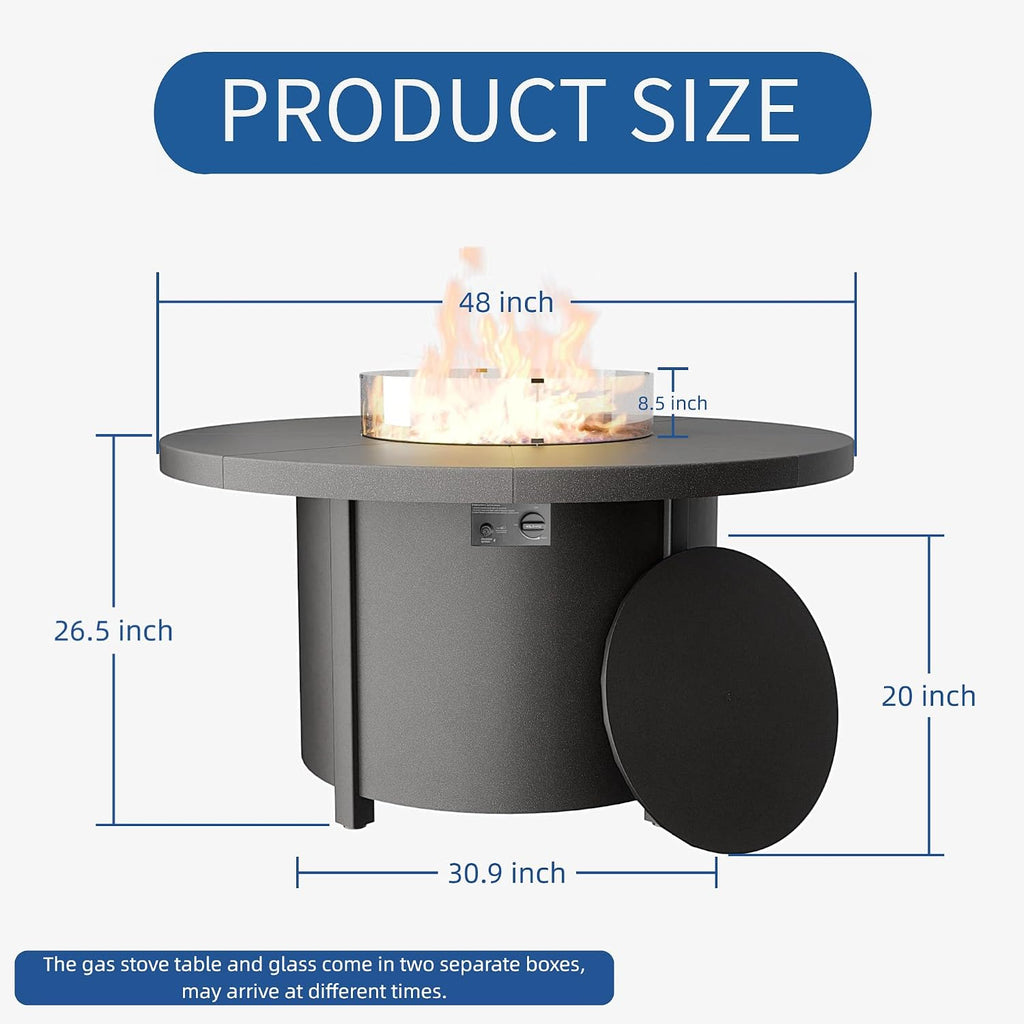 48' Round Propane Fire Pit Table with Lid, 40,000 BTU Outdoor Gas Fire Pits CSA Certified for Outside Steel Tabletop Fire Pit with Blue Glass Rock&Windshield Glass for for Patio, Balcony,Garden