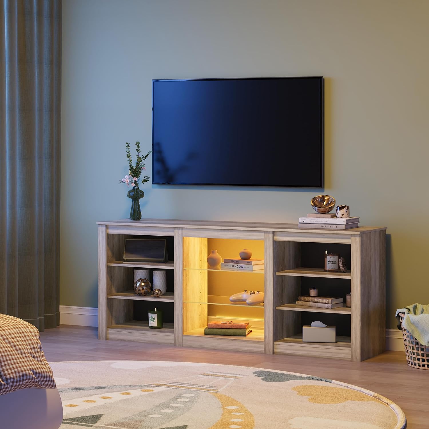 WLIVE Modern TV Stand for 65 Inch TV, Entertainment Center with Adjustable Open Shelves & RGB LED Lights, Sturdy Media Console for Living Room, Bedroom,Gaming(Gray Oak)