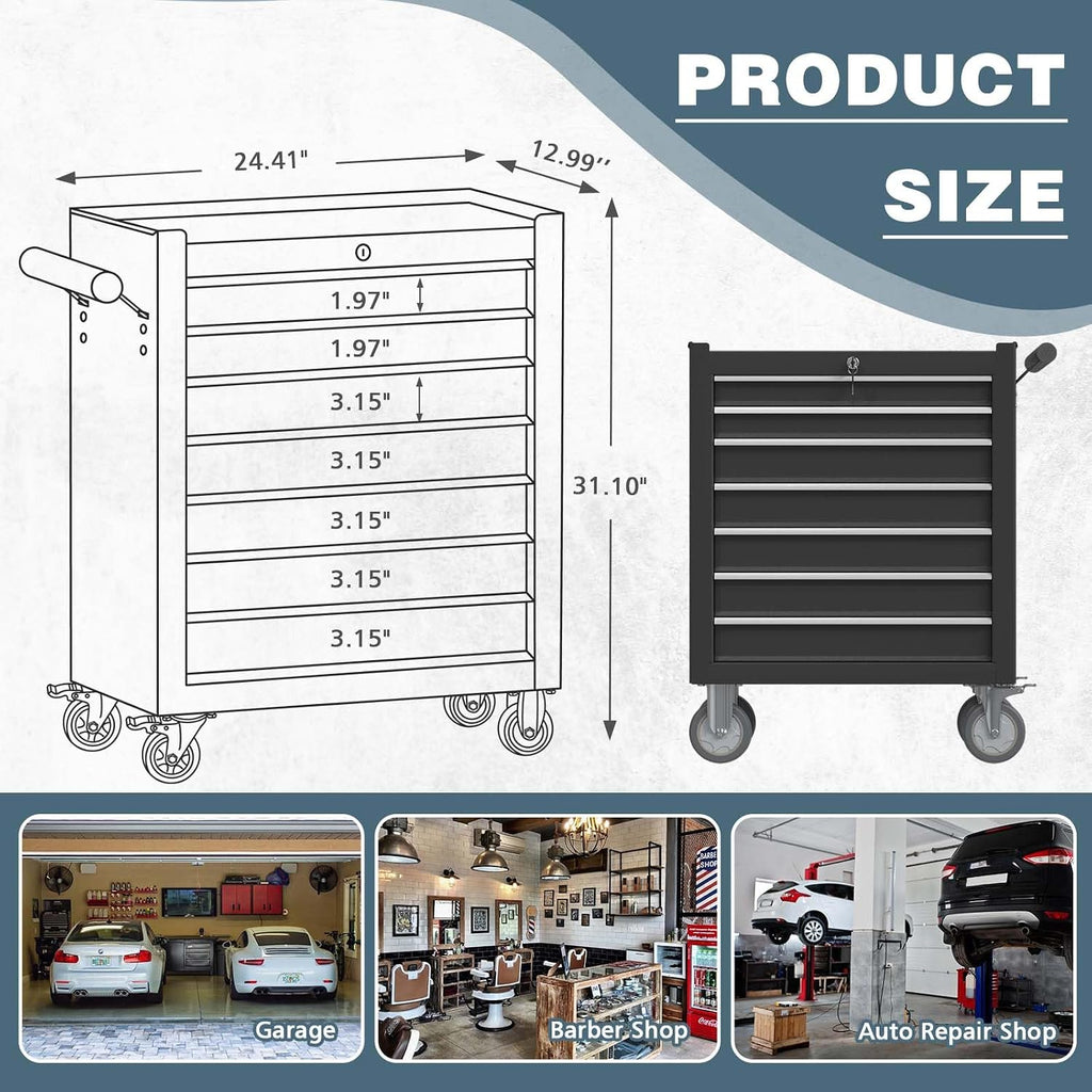 7-Drawer Tool Chest, Rolling Tool Box with Wheels, High Capacity Detachable Mobile Tool Storage Cabinet for Workshop, Garage, Mechanics and Repair Room (Black, 7-Drawer)