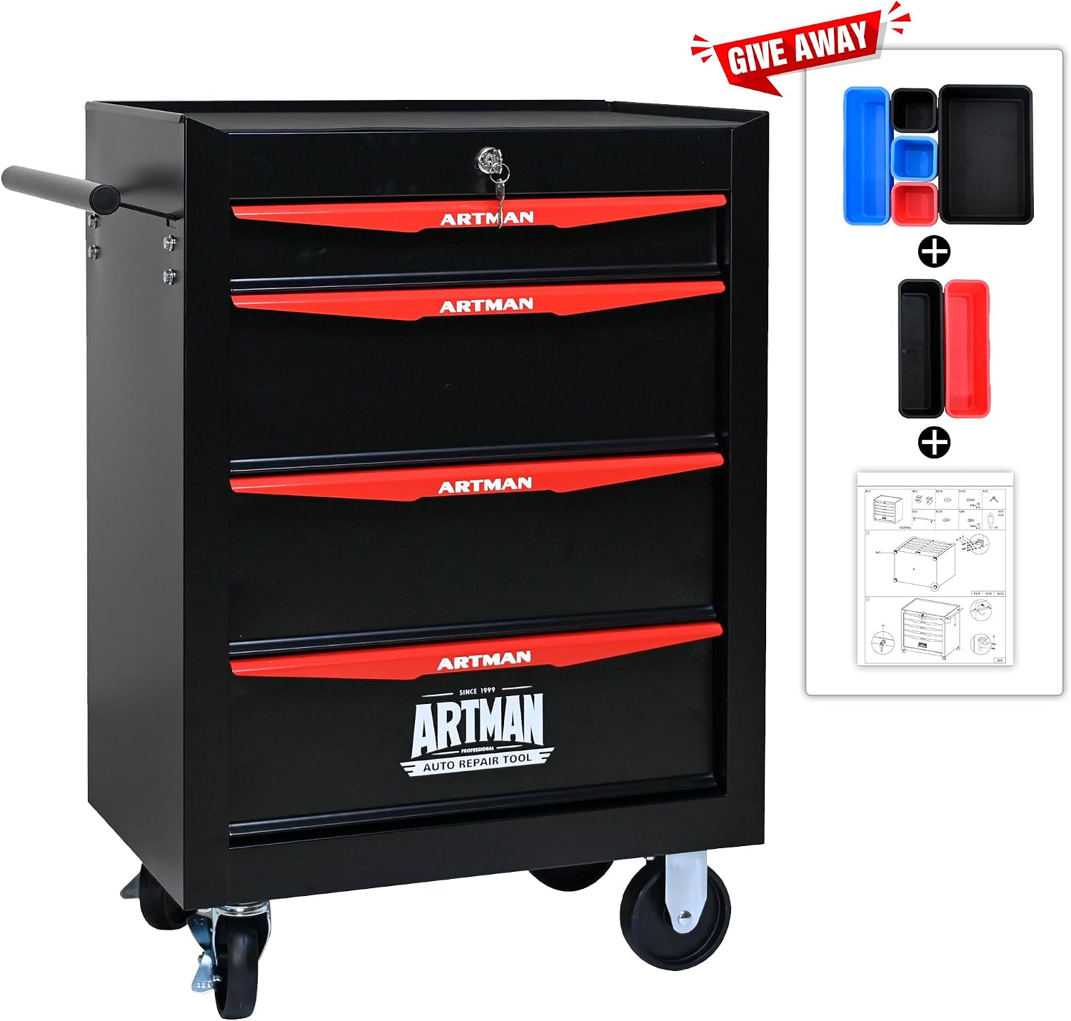 4 Drawers Tool Cart on Wheels, Multifunctional Rolling Tool Storage Chest, Drawers Rolling Trolley Organizer Tool Box for Warehouse, Garage, Workshop, Repair Shop (4 Drawers-30.5' H)