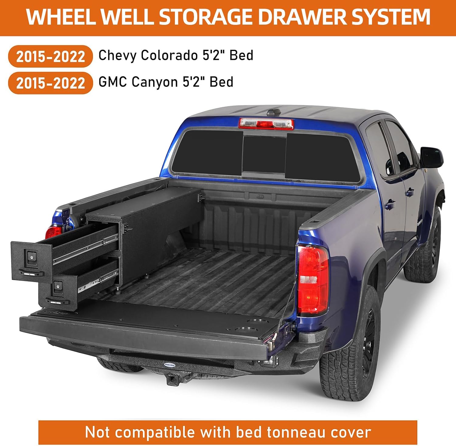 Hooke Road Colorado Wheel Well Tool Box for 2015-2022 Chevy Colorado & GMC Canyon 5'2' Bed, Truck Bed Storage Drawer System Lockable Toolbox