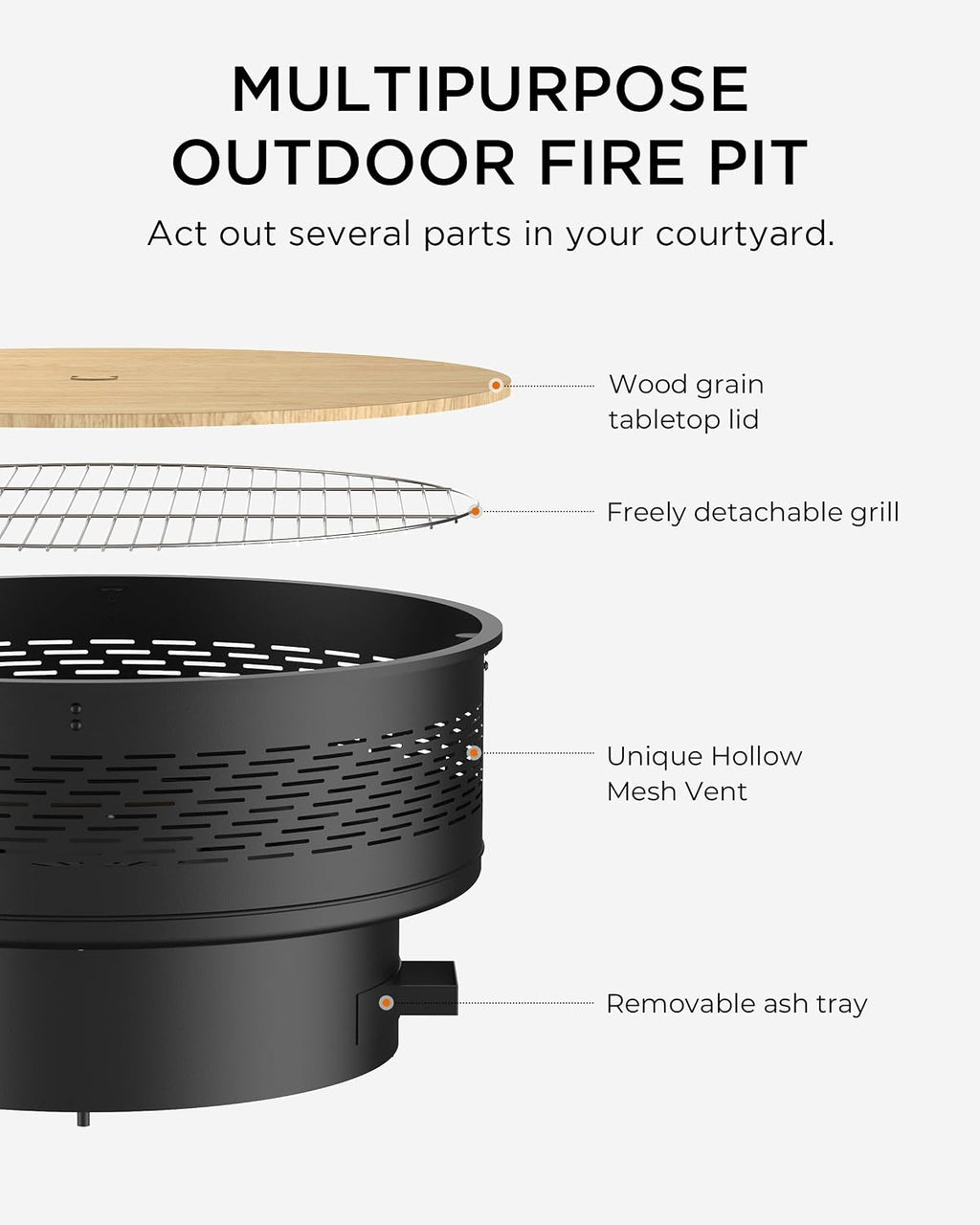 32' Fire Pits with Cooking Grill, Fire Pit Table with Lid & Fire Poker, Round Wood Burning Firepit for Outside, Multifunctional Outdoor Fire pits for BBQ, Table, Picnic, Camping, Bonfire Party