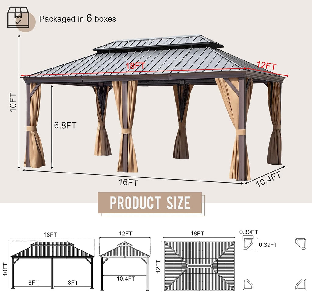 12'x18' Hardtop Gazebo with Netting and Curtains, Outdoor Aluminum Frame Pergola, Heavy Duty Metal Double Roof of Galvanized Steel Pavilion for Patio, Backyard, Deck, Lawns